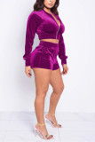 purple Active Casual Europe and America Patchwork Solid Zippered Straight Long Sleeve Two Pieces