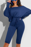 Blue Casual Long Sleeve Boat Neck Regular Sleeve Regular Solid Two Pieces