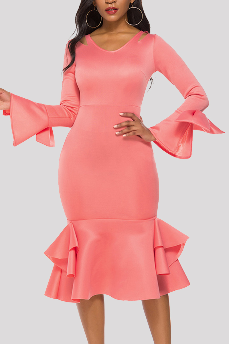 

Pink Fashion Sexy Flare Sleeve Long Sleeve V Neck Knee Length Dresses