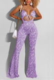 Purple Fashion Sexy Spaghetti Strap Sleeveless Off The Shoulder Regular Print Jumpsuits