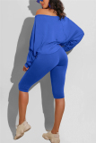 Blue Casual Long Sleeve Boat Neck Regular Sleeve Regular Solid Two Pieces