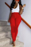 rose red OL Patchwork Solid Draped Straight Long Sleeve Two Pieces