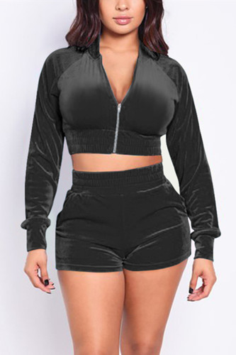 Black Active Casual Europe and America Patchwork Solid Zippered Straight Long Sleeve Two Pieces