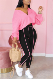 Pink Fashion Sexy Adult Patchwork Solid Patchwork V Neck Long Sleeve One Shoulder Short Two Pieces