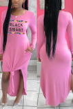 Pink Fashion Casual Regular Sleeve Long Sleeve O Neck Long Sleeve Dress Ankle Length Letter Print Dresses