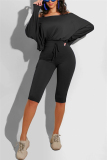 Black Casual Long Sleeve Boat Neck Regular Sleeve Regular Solid Two Pieces