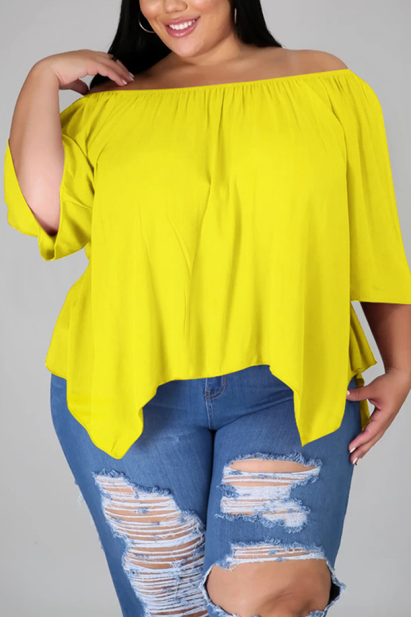 Yellow Fashion Casual Bateau Neck Half Sleeve Regular Sleeve Solid Plus Size Tops