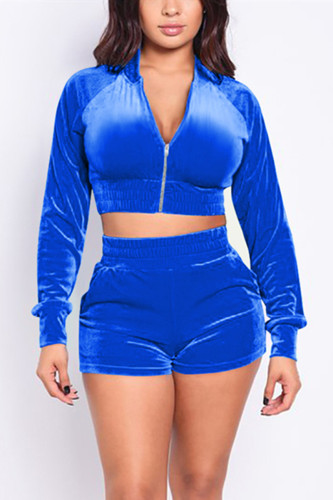 Blue Active Casual Europe and America Patchwork Solid Zippered Straight Long Sleeve Two Pieces