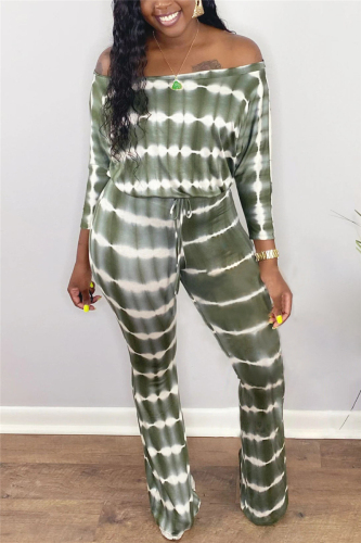 Black Green Casual street Print Striped bandage Milk. Long Sleeve one word collar Jumpsuits