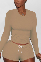 Khaki Fashion Active adult Ma'am Solid Two Piece Suits Straight Long Sleeve Two Pieces