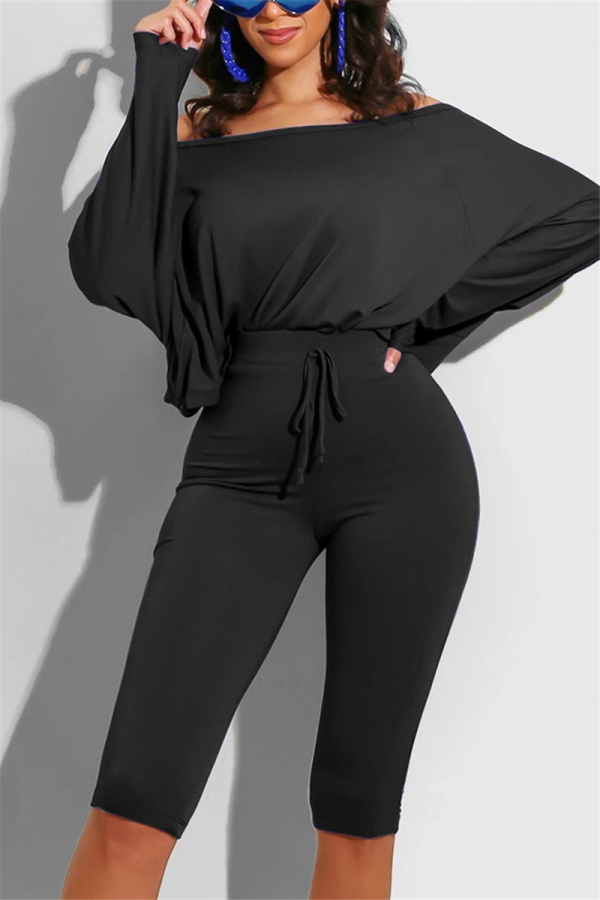 Black Casual Long Sleeve Boat Neck Regular Sleeve Regular Solid Two Pieces