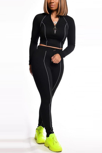 Black Fashion Casual Adult Solid Patchwork O Neck Long Sleeve Regular Sleeve Short Two Pieces