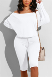 White Casual Long Sleeve Boat Neck Regular Sleeve Regular Solid Two Pieces