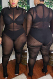 Black Sexy O Neck Long Sleeve Solid Plus Size Perspective Mesh Jumpsuit