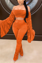 Orange Lightly cooked Patchwork Solid Draped asymmetrical Two Piece Suits Pants Long Sleeve Two Pieces