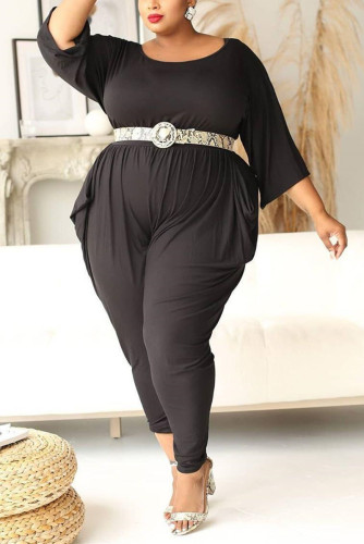 Black Fashion Casual Living O Neck Half Sleeve Regular Sleeve Solid Plus Size Jumpsuits（Without Belt）