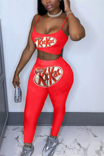 Red Casual Print pencil Sleeveless Two Pieces