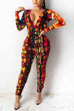 Rusty Red Fashion Sexy V Neck Long Sleeve Regular Sleeve Skinny Print Jumpsuits