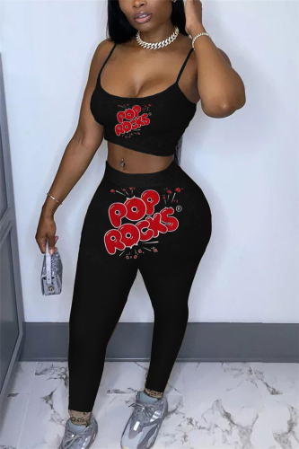 Black Casual Print pencil Sleeveless Two Pieces