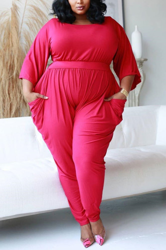Red Fashion Casual Living O Neck Half Sleeve Regular Sleeve Solid Plus Size Jumpsuits（Without Belt）