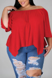 Dark Red Fashion Casual Bateau Neck Half Sleeve Regular Sleeve Solid Plus Size Tops