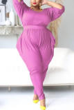 Purple Fashion Casual Living O Neck Half Sleeve Regular Sleeve Solid Plus Size Jumpsuits（Without Belt）