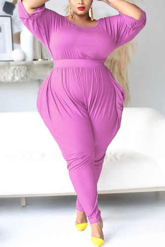 Purple Fashion Casual Living O Neck Half Sleeve Regular Sleeve Solid Plus Size Jumpsuits（Without Belt）
