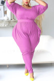 Red Fashion Casual Living O Neck Half Sleeve Regular Sleeve Solid Plus Size Jumpsuits（Without Belt）