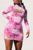 Pink Fashion Casual Twilled Satin Letter Print Ripped Tie-dye Letter Half A Turtleneck Long Sleeve Mini A Line Dresses