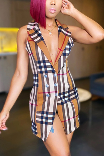 Multi Fashion Sexy Off The Shoulder Sleeveless Turndown Collar Waist Skirt Mini Plaid Print Dresses