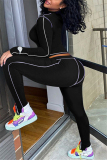 Black knit Active Casual Patchwork Solid Two Piece Suits Straight Long Sleeve Two Pieces