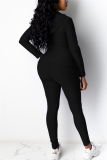 Black Fashion Casual Adult Solid Cardigan Hooded Collar Long Sleeve Regular Sleeve Regular Two Pieces