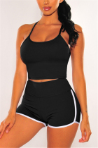 Black Casual Sportswear Sleeveless Spaghetti Strap Off The Shoulder Short Solid Two Pieces