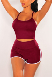 Wine Red Casual Sportswear Sleeveless Spaghetti Strap Off The Shoulder Short Solid Two Pieces