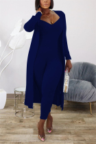 Deep Blue Fashion Casual Long Sleeve V Neck Regular Sleeve X Long Solid Two Pieces