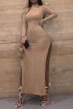 Grey Sexy Solid Slit Turtleneck Long Sleeve Ankle Length Long Sleeve Dress Dresses