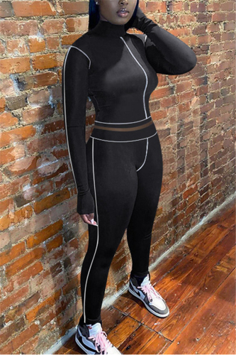 Black knit Active Casual Patchwork Solid Two Piece Suits Straight Long Sleeve Two Pieces