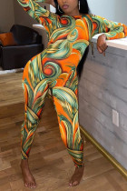 Orange Fashion Sexy O Neck Long Sleeve Regular Sleeve Skinny Print Jumpsuits