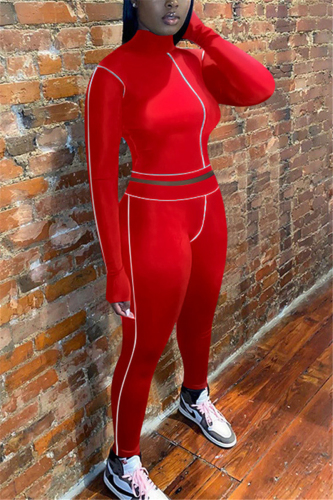 Red knit Active Casual Patchwork Solid Two Piece Suits Straight Long Sleeve Two Pieces