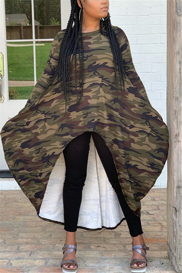 Army Green Fashion Daily Adult Milk Fiber Camouflage Print O Neck Long Sleeve Ankle Length Asymmetrical Dresses