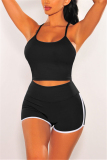 Blue Casual Sportswear Sleeveless Spaghetti Strap Off The Shoulder Short Solid Two Pieces