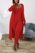 Red Fashion Casual Long Sleeve V Neck Regular Sleeve X Long Solid Two Pieces