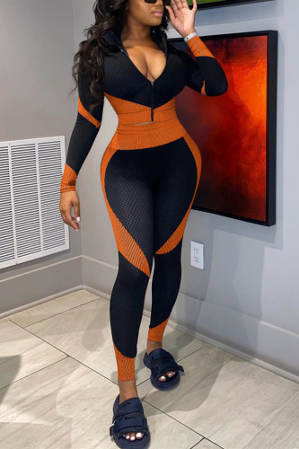 Orange Fashion Long Sleeve V Neck Regular Sleeve Short Patchwork Two Pieces