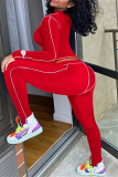 Red knit Active Casual Patchwork Solid Two Piece Suits Straight Long Sleeve Two Pieces