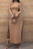 Khaki Sexy Solid Slit Turtleneck Long Sleeve Ankle Length Long Sleeve Dress Dresses