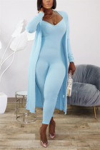 Light Blue Fashion Casual Long Sleeve V Neck Regular Sleeve X Long Solid Two Pieces