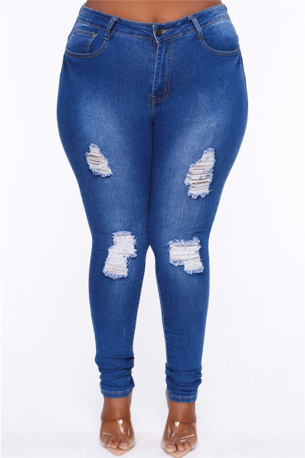 Blue Fashion Casual Solid Plus Size Jeans