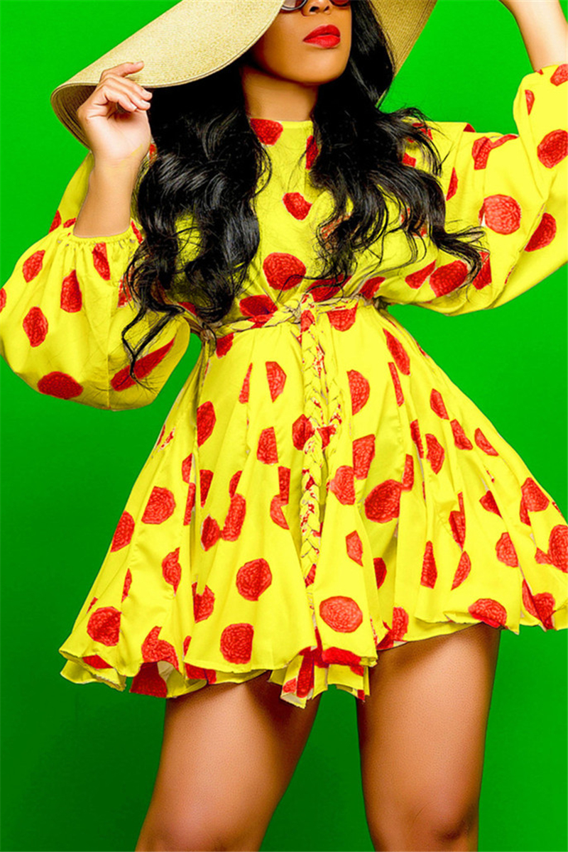 

Yellow Fashion Sweet lantern sleeve Long Sleeves O neck Swagger skirt Print Dresses