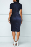 Blue Black Fashion Regular Sleeve Short Sleeve Turndown Collar Knee Length Solid Denim Dresses