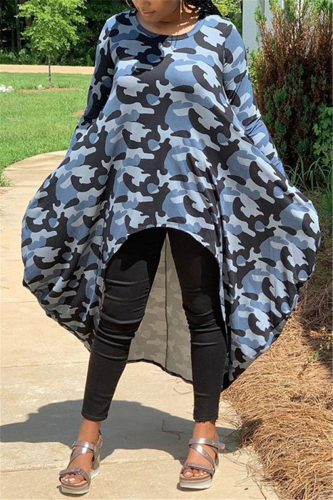 Blue Fashion Daily Adult Milk Fiber Camouflage Print O Neck Long Sleeve Ankle Length Asymmetrical Dresses